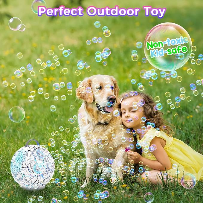 Bubble Machine Automatic Bubble Blower for Kids Toddlers Rechargeable Portable Spherical LED Bubble Maker Electric Auto Rotating 45°/360° Outdoor Toy Birthday Party Wedding (Spherical Crackle White)