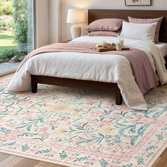 Wonnitar Washable Area Rug 6x9, Pink Floral Rugs for Bedroom Girls Soft Living Room Carpet Ultra-Thin, Boho Non Slip Non-Shedding Pastel Nursery Carpet for Kids Room Playroom Dorm