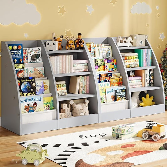4 Tier Kids Bookshelf Set of 2,4 Layer Sling Kids Book Shelf for Kids Rooms,Wood Children Bookcase,Baby Storage Book Rack,Toddler Bookshelf, Book and Toy Organizer,Book Display Shelf for Nursery