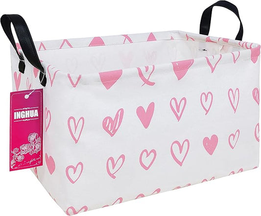 Rectangular Storage Basket Fabric Organizer Bin for Toys,Books,Clothes,Gifts,Pets-Perfect for Home,Office,Nursery,Dorm,Shelf(Rec-Pink hearts )