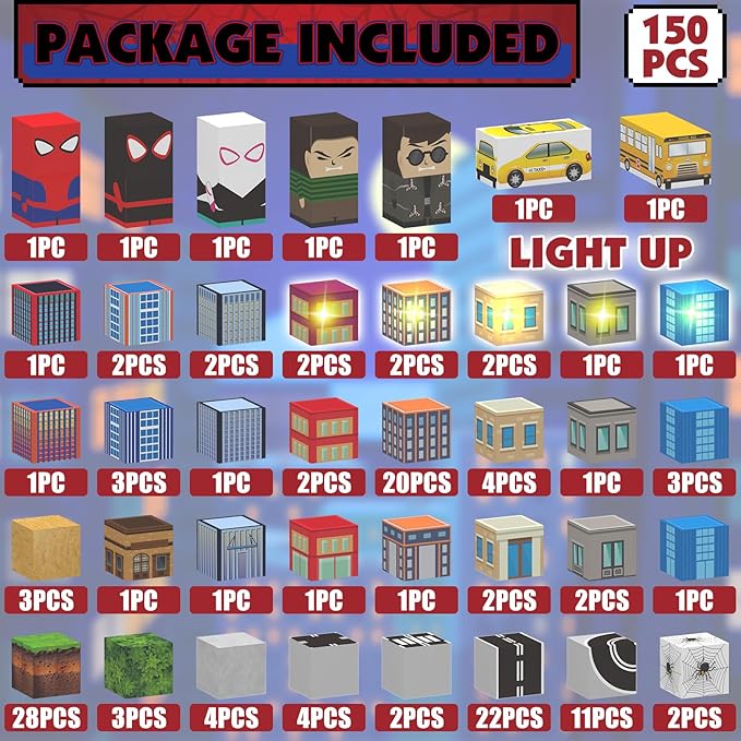 150 PCS Magnetic Blocks Building Toys Set, Spider Toys Light Up Magnetic Building Blocks for Boys Girls Ages 3+, 1 Inch Magnet Cubes STEM Sensory Construction Toy City Themes