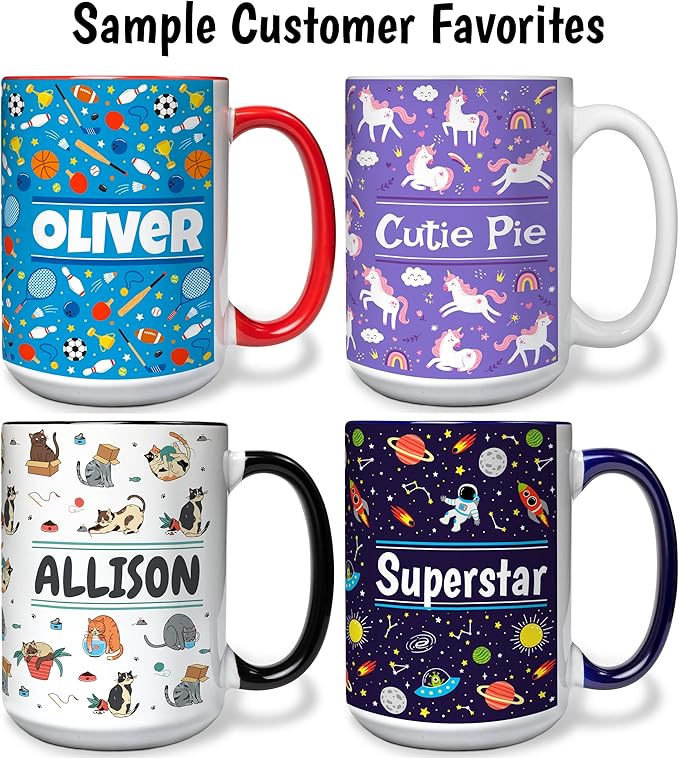Personalized Mug for Kids - Sweets - Custom Name/Text, Ceramic Hot Chocolate/Cocoa/Coffee Cup for Boys/Girls, Birthday/Christmas/Holiday Gift - 15 oz, Red Handle