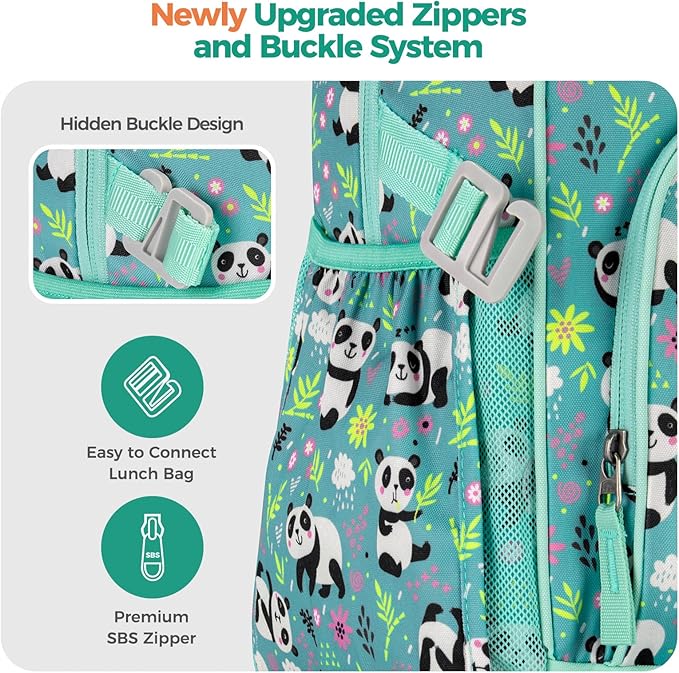 Choco Mocha Panda Backpack for Girls, Elementary School Backpack for Girls Ages 6-8 Kids Kindergarten Backpack Bookbag 17 Inch with Chest Strap, Teal