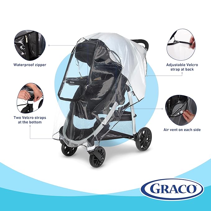 Graco Univeral Deluxe Weather Shield with Zippered Window, Baby Rain Cover, Universal Size to fit Most Stollers, Waterproof, Windproof, Ventilation, Protection, Shade, Umbrella, Pram, Vinyl, Clear