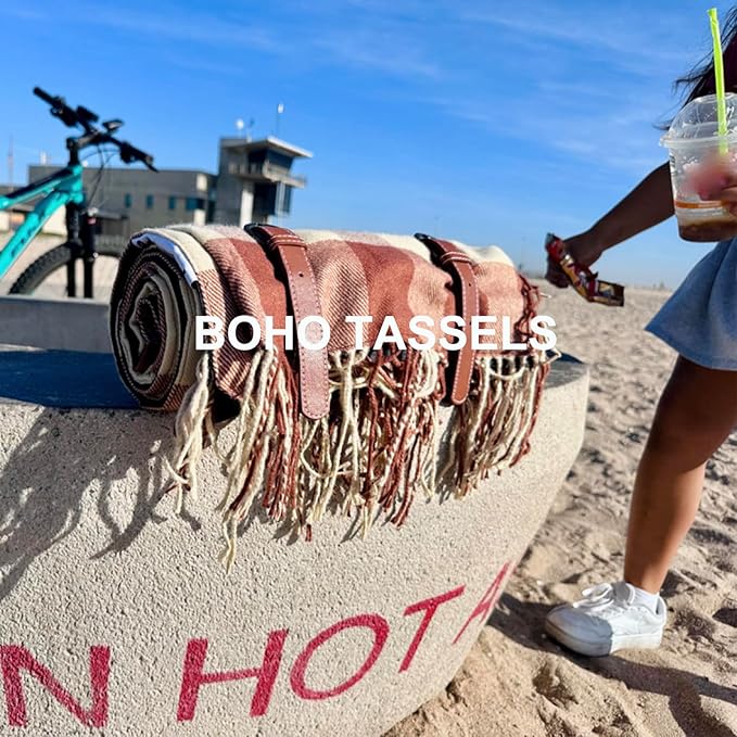 Picnic Blanket Extra Large Waterproof with Strap 59"x79" - Machine Washable Tassels Faux Wool Cashmere for Park, Grass, Camping, Hiking, Concerts (Coffee Plaid, 59"X79")