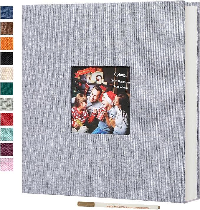 Spbapr Large Photo Album Self Adhesive 3x5 4x6 5x7 8x10 Pictures Magnetic Scrapbook 40 Blank Pages Linen Cover DIY Album with A Metal Pen Light Gray
