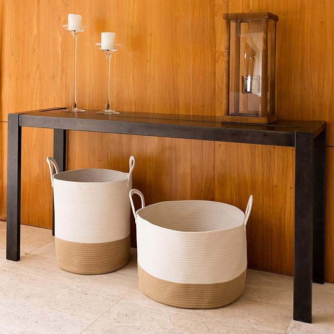 OrganiHaus Boho Woven Basket for Blankets and Laundry, Decorative Large Storage Bin for Living Room, Nursery Basket for Toys & Clothes, Soft Cotton Rope with Handles 20x13 inches - Off-White/Honey