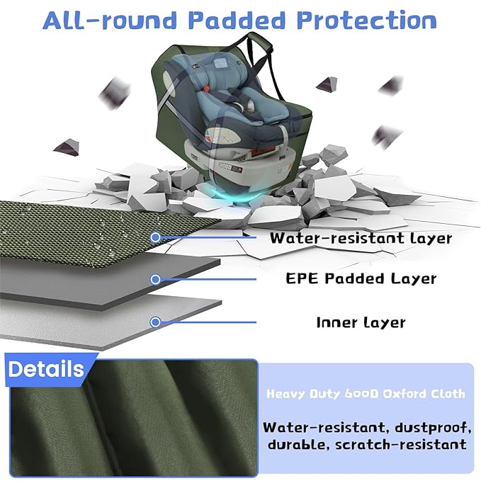 Infant Car Seat Travel Bag for Airplane Compatible with All Nuna Pipa Car Seat and Base,Chicco KeyFit 30 and Base, Padded Car Seat Bags for Air Travel,Car Seat Gate Check Bag with Side Pocket, Green