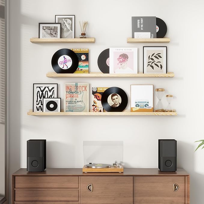 Picture Ledge Shelf for Wall, 24 inches Solid Pine Wood Nursery Book Shelves 3 Packs, Floating Ledge Shelves for Kids' Room Bedroom Bathroom Living Room Photo Frames Office Nursey Wall Decor, Natural