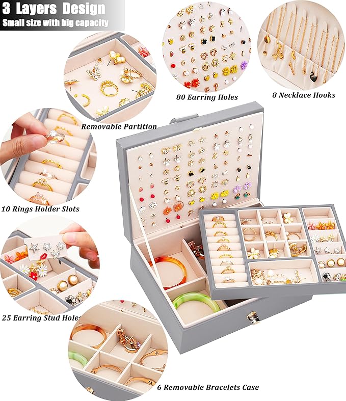 Womens Earring Jewelry Box for Girls Jewelry Earring Organizer Box Earring Holder Organizer for Girls Jewelry Organizer Earring Boxes for Women Girls Stud Earring Organizer Jewelry Box Grey