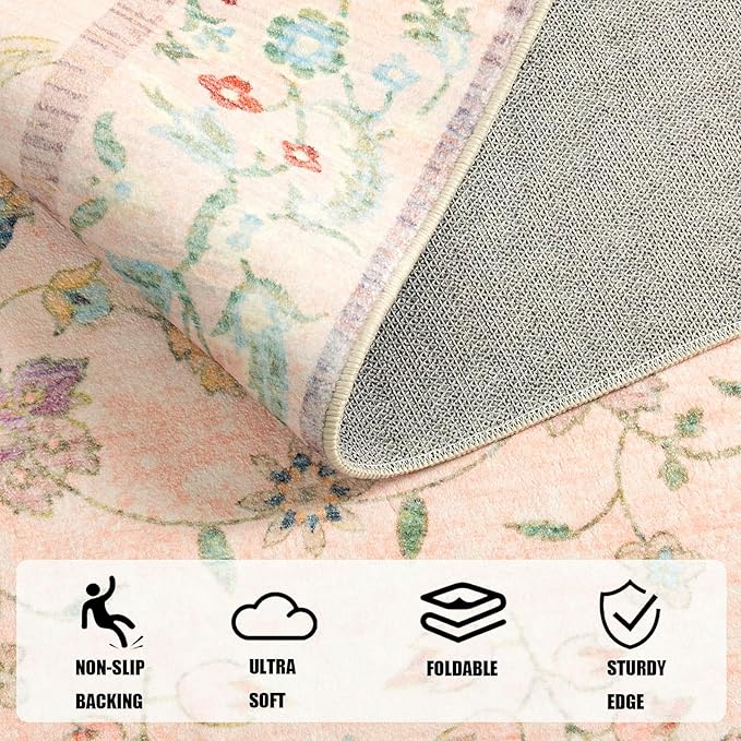 LOCHAS Washable Area Rugs 5x7, Pink Floral Rug for Living Room Bedroom Non Slip, Ultra Soft Vintage Indoor Carpet for Kids, Nursery, Dorm, Dining Room, Classroom, Boho Flower Home Decor, Low-Pile
