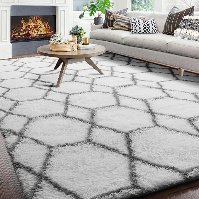 ONASAR Area Rugs for Living Room, Washable 7x10 Fluffy White and Grey Rug for Bedroom, Geometric Moroccan Indoor Shaggy Boho Soft Plush Floor Carpet for Kids Teen Nursery Dorm Home Decor Aesthetic