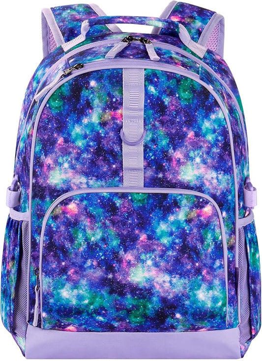Choco Mocha Galaxy Backpack for Girls, Elementary School Backpack for Girls Ages 6-8 Kids Kindergarten Backpack Bookbag 17 Inch with Chest Strap, Purple
