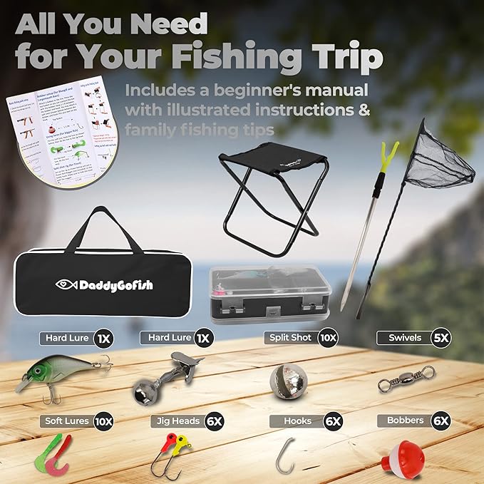 DaddyGoFish Kids Fishing Pole - Rod Reel Combo Tackle Box Starter Set - First Year Small Gear Kit for Boys Girls Toddler Youth Age Beginner Little Children