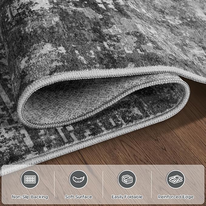 6x9 Area Rugs for Living Room Rug Washable: Modern Rug for Dining Room Bedroom Carpet Non Slip Low Pile 6 by 9 Indoor Abstract Nursery Home Office Black Grey