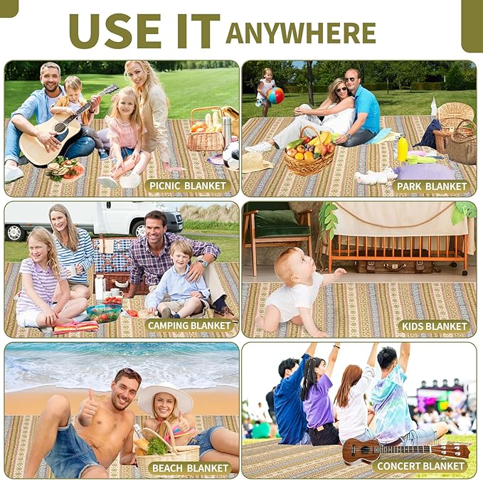 Picnic Blankets Outdoor Extra Large-Waterproof Picnic Blanket with Shoulder Carry Strap | Machine Washable Picnic Mat with Sandproof Backing for Park , Grass, Camping, Hiking, Concerts (Yellow)