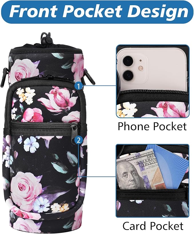 32 40 oz Water Bottle Carrier with Strap, Neoprene Water Bottle Sleeve Bag with 2 Pockets Insulated Flask Sling Holder for Walking Hiking Gym