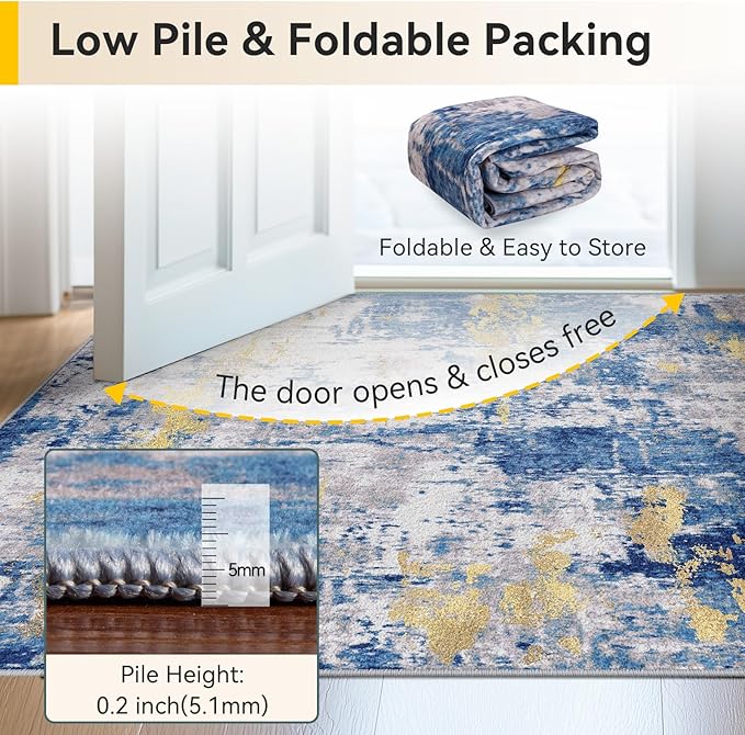 Washable Area Rugs 5'x7' Non-Slip Modern Abstract Soft for Living Room Entryway Bedroom Nursery, Print Pattern, Grey Blue Gold/Golden