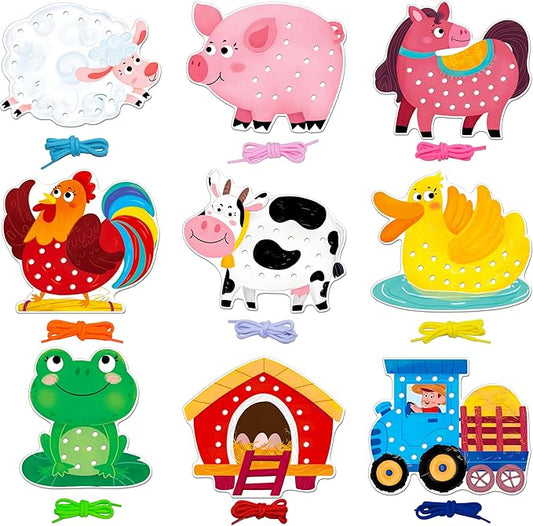 9 PCS Farm Theme Lacing Cards, 9 Double Sided Sewing Cards with 9 Colorful Laces, Imagination Development Lacing Toys Educational and Learning Activity for Preschoolers, Kids
