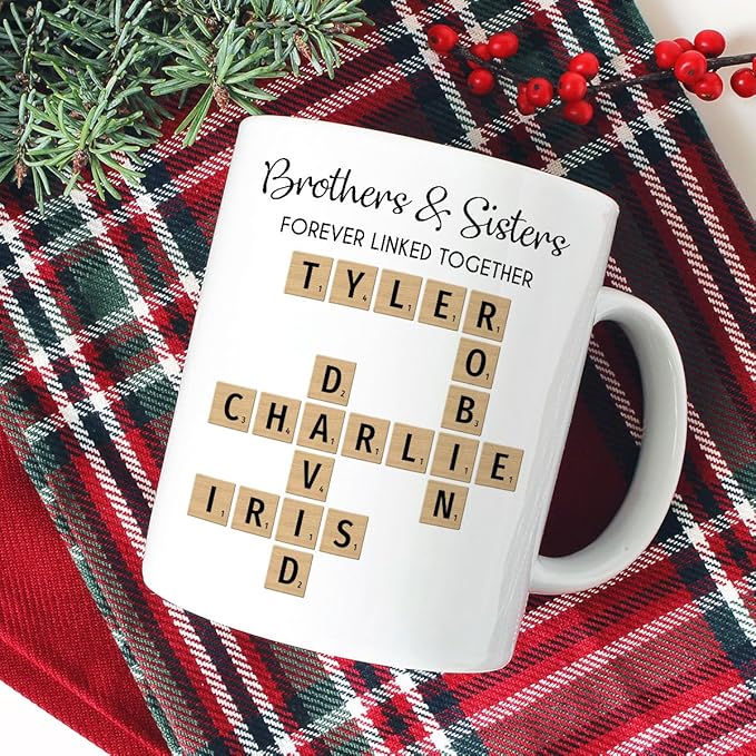 Trending Custom Brothers And Sisters Forever Linked Together Crossword Puzzle Art Personalized Mug, Gift For Brothers, Sisters, Siblings, Family Member on Birthday Christmas
