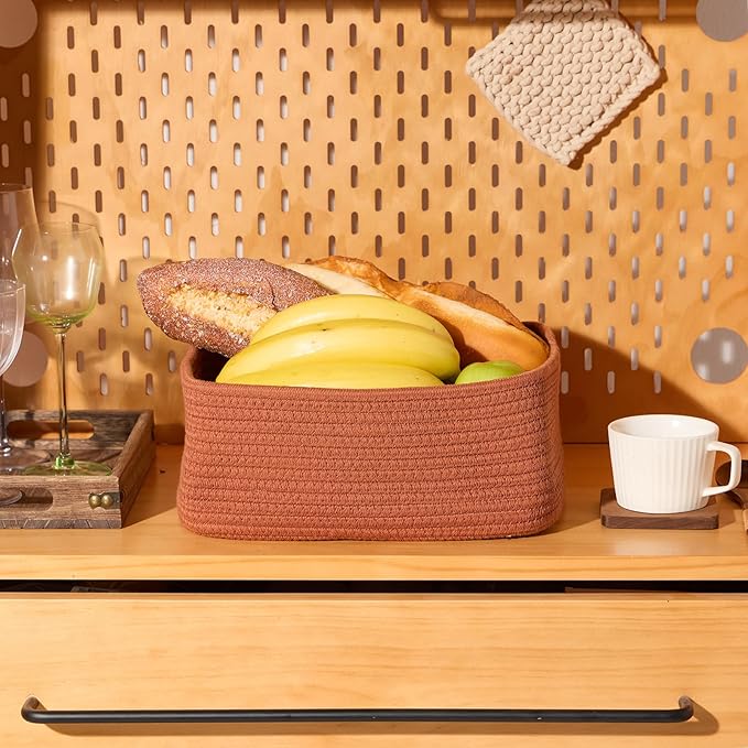 Small Storage Baskets for Organizing | Closet Organizer Bins | Shelf Toy Basket | Woven Rope Baskets | Cube Decorative Box | Shallow Basket | 11.5x7.5x4.7” | 3 Packs Oxide Red