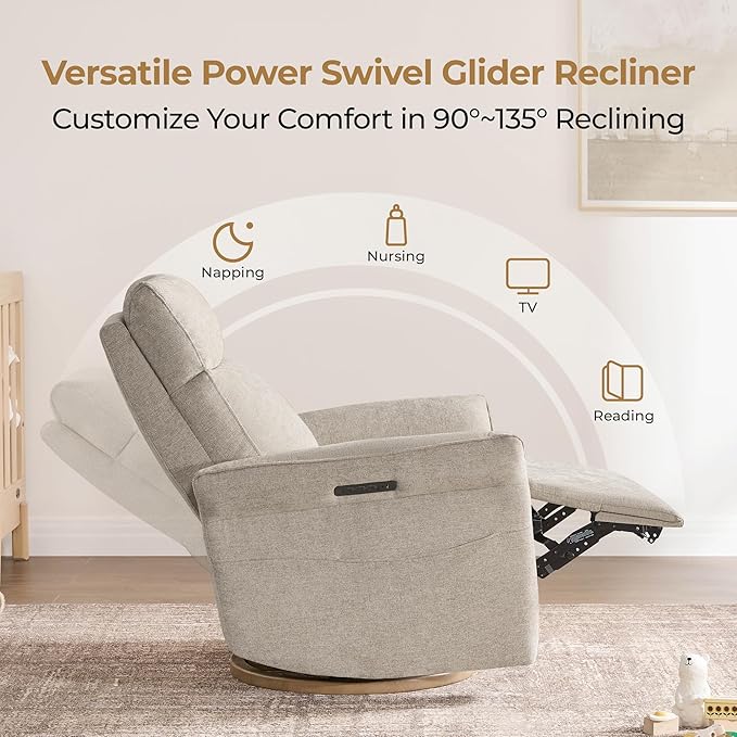 CHITA Power Recliner Chair, Electric Triple-Motor Swivel Glider Nursery Rocking Chair with Adjustable Power Headrest and Lumbar Support, GREENGARD Gold Certified, Solid Wood Base, Khaki Grey