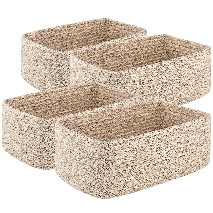 4 Pack Small Storage Shelf Baskets for Organizing, Mini Woven Rope Storage Bins for Towels, Cute Decorative Closet Organizer，Baby Nursery, Gift Empty Baskets -13.78''Lx9.84''Wx5.51''H-Brown
