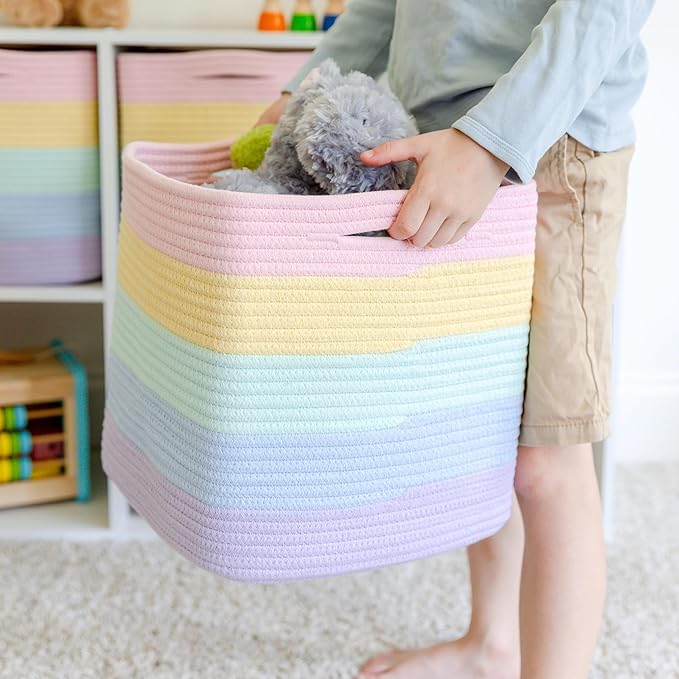 NaturalCozy Storage Cubes 11 Inch Cotton Rope Woven Baskets for Organizing, 3-Pack | Cube Storage Bin | Square Storage Baskets for Shelves Organizer, Classroom, Kids Toy Bins, Closet, Baby Nursery