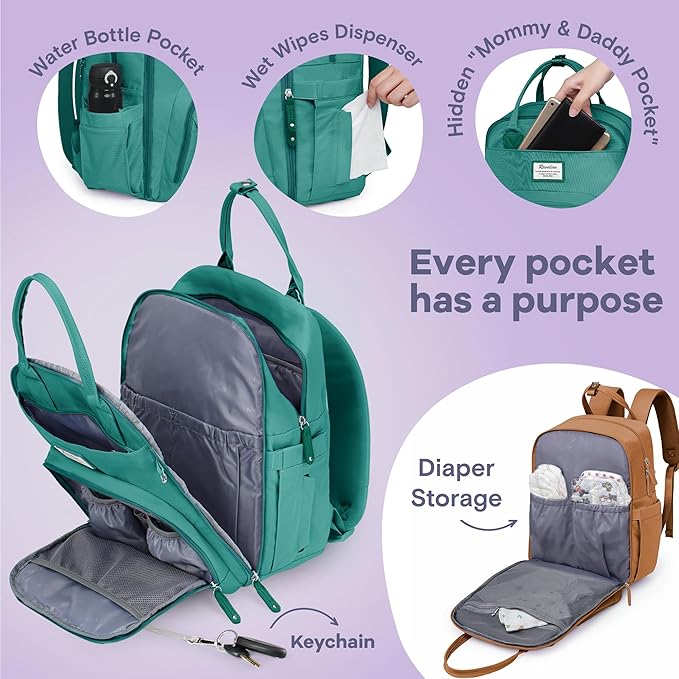 RUVALINO Diaper Bag Backpack-Multifunction Baby Travel Bag with Changing Pad, Insulated Bottle Holders & Pacifier Case, Large Capacity, Waterproof, Turquoise