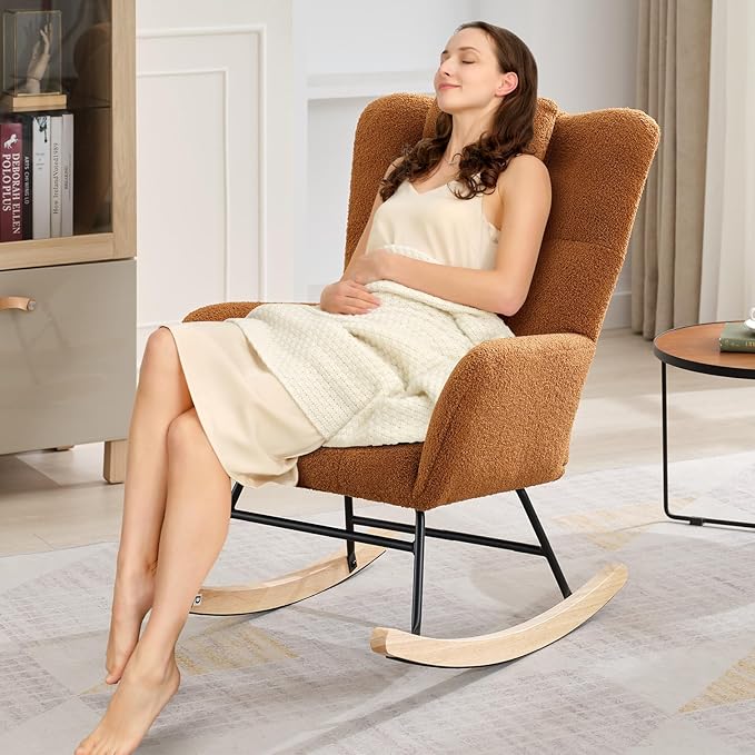 Nursery Rocking Chair,300Lb Glider Chair with Wood Legs/Two Side Pockets,Teddy Upholstered Glider Rocker with Padded Seat High Backrest for Living Room/Bedroom/Nursery