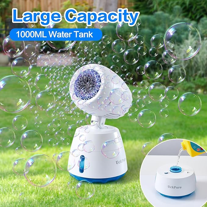 Rechargeble Bubble Machine, 270° Automatic-Rotating, 38000 Big Bubbles/min, 1000ml Large Bubble Tank, 2200mAh Battery, Bubble Maker for Kids Toddlers, Parties, Wedding, Birthday, Outdoor, White