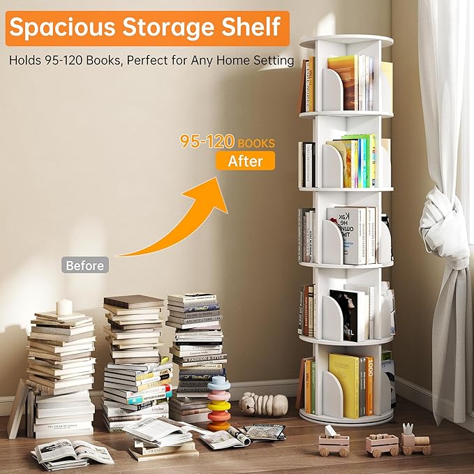 Rotating Bookshelf 5 Tier, 360 Degree Spinning Corner Bookcase with Lazy Susan, White Space Saving Tower Organizer for Small Spaces, Bedroom, Living Room, Adults