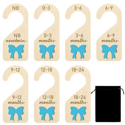 R HORSE Wooden Baby Closet Dividers - 3D Coquette Blue Bow Baby Closet Organizer, 8Pcs Double-Sided Newborn Clothes Size Hanger Dividers, Nursery Decor Birthday Gift for Boy Girl (0-24 Months)
