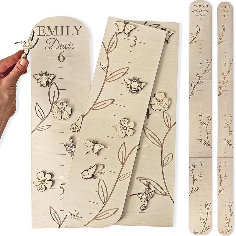 Personalized Wooden Growth Chart for Wall - Custom Name Kids Measurement Growth Chart for Girls, Child Height Measuring Chart Wooden, Baby Height Chart Wall Ruler Wood Wildlife Butterfly, 2 Sizes