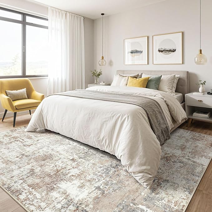 Area Rugs 9x12 Living Room: Washable Large Abstract Modern Soft Rugs Stain Resistant Indoor Floor Non Slip Accent Carpet for Bedroom Nursery Playroom Office Dining Room Dorm Home Decor- Brown