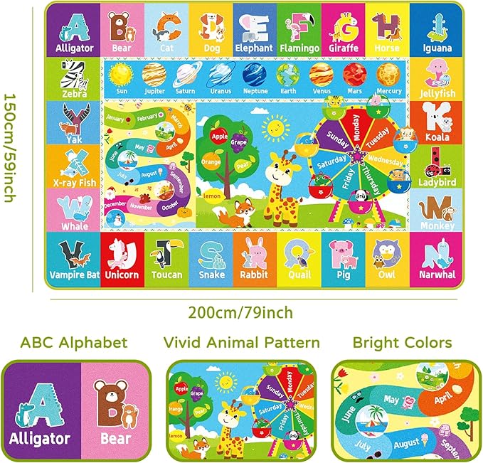 Kids Rug for Playroom, Kids Baby Playmat with Alphabet, Month, Weather, Week and Shapes ABC Educational Rug, Play Mat Carpet for Bedroom Classroom (78.7X59 INCH, Ferris Wheel)