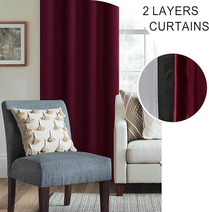 XWZO 100% Blackout Curtain Panels - Rod Pocket Thermal Insulated Black Liner Curtains, Noise Reducing and Heat Blocking Drapes for Hall and Studio Windows with Tiebacks, Burgundy, W42 x L63, Set of 2