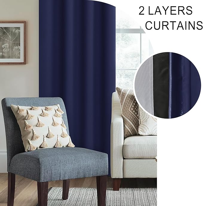 XWZO Full Shading Blackout Curtains 84 Inches Long with Tiebacks- Heat and Light Blocking Rod Pocket Window Drapes with Black Liner Backing for Bedroom/Kid's Room, Navy Blue, W52 x L84, Set of 2