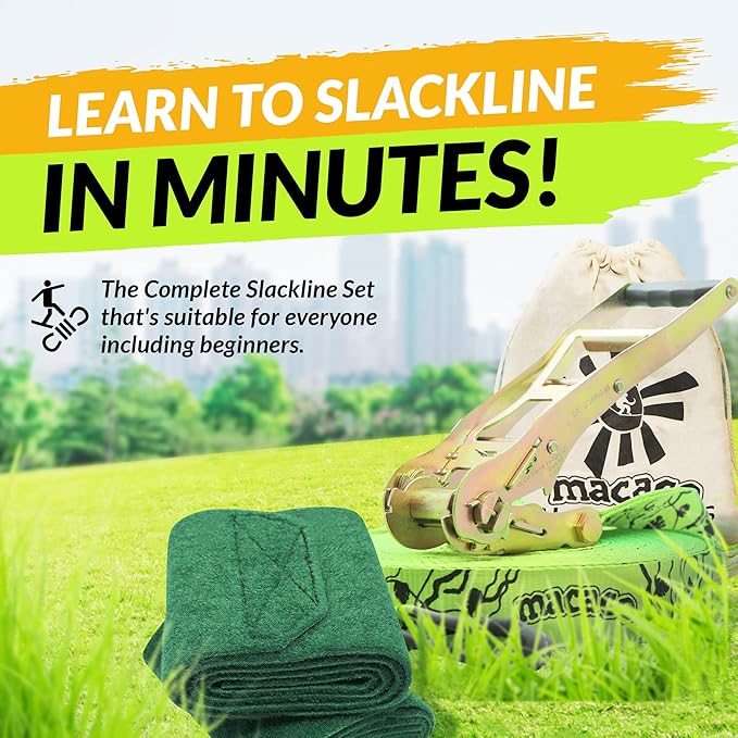 85ft Slackline Kit for Kids and Adults | Beginner Friendly Slackline | Slack Line Set with Tree Protectors, Cotton Carry Bag & Steel Ratchet | Outdoor Gym for Kids