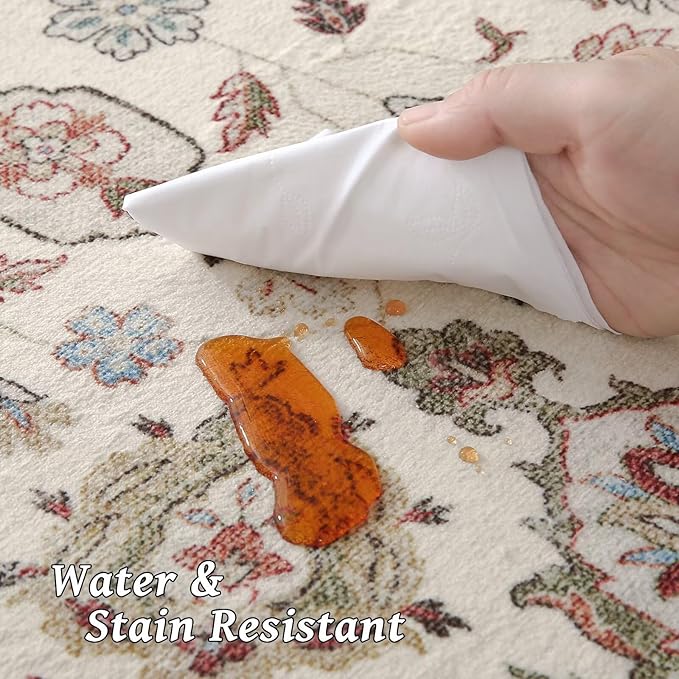 Washable 3x5 Entryway Rug Indoor, Boho Non-Slip Silicone Backing Small Rugs for Kitchen Nursery Office Bedroom, 0.3" Neutral Oriental Throw Carpet with 0.16" Cushioning Pad, Light Beige/Multi