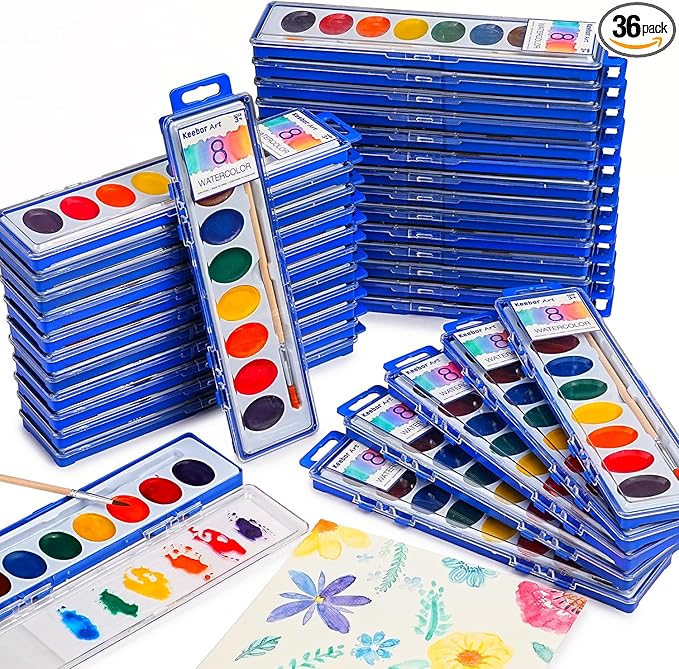 8-Color Watercolor Paint Set for Kids, 36 Pack Washable Watercolors Bulk for Party Favors, Gifts, Classroom Supplies (Wooden Paintbrushes Included)