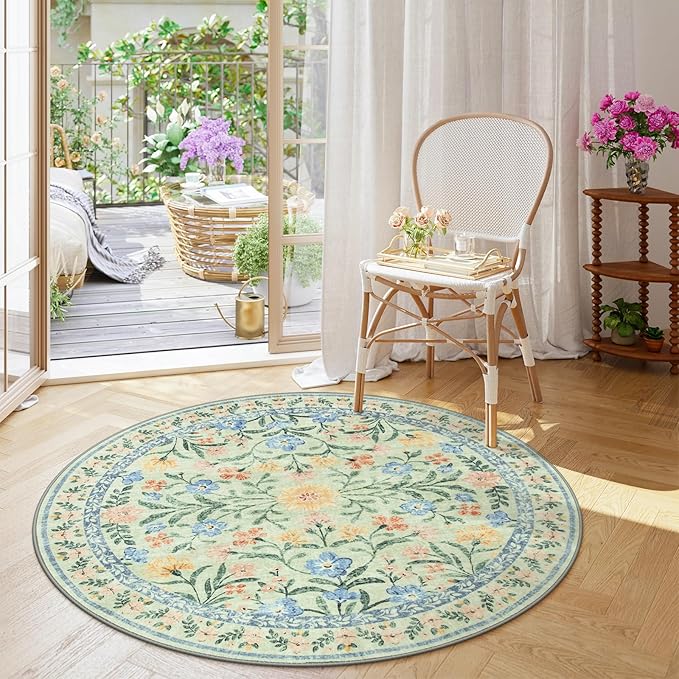 Wonnitar Washable Floral Round Rug, 6ft Sage Green Round Area Rugs for Bedroom Nursery, Boho Non-Slip Indoor Large Circle Carpets for Dining Room Living Room Kids Playroom