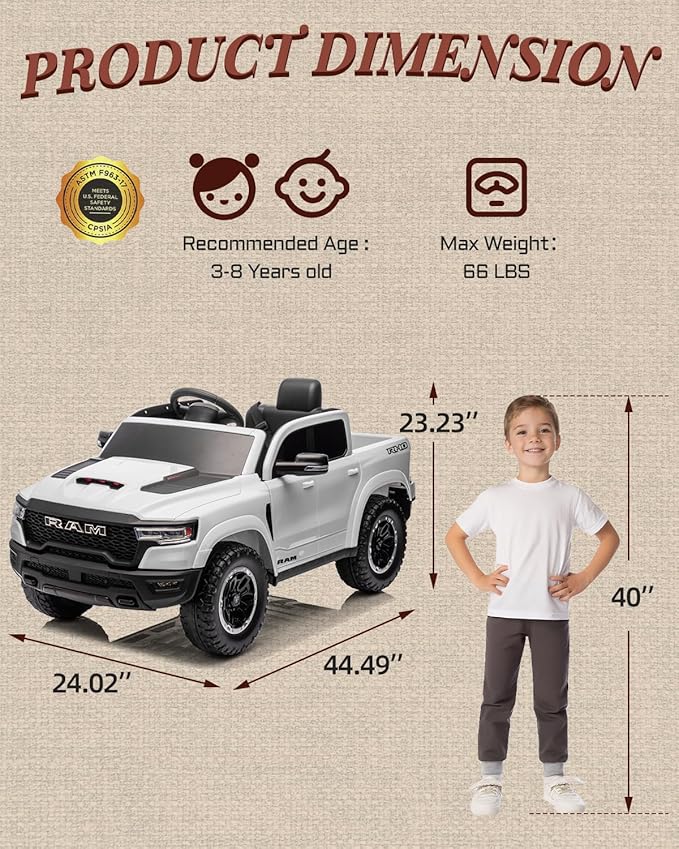 Licensed Ram 1500 RHO 12V Kids Ride on Truck, Toddler Ride on Toys with Remote Control, Children Electric Vehicles with Truck Bed Storage, Smooth Start, Music, Bluetooth (White)
