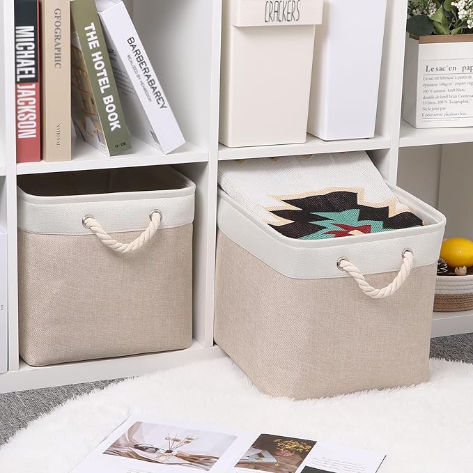 Bidtakay Beige Storage Basket Large Fabric Cloth Baskets [2-Pack] Tall Rectangular Shelf Baskets 16X11.8X11.8 in Canvas Collapsible Storage Bins with Handles for Organizing Living Room(White&Beige)