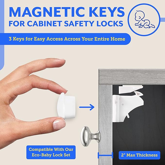 Eco-Baby Universal Replacement Keys for Magnetic Cabinet Locks [3 Universal Keys] Child Safety for Drawers and Cabinets - 3 Keys for Child Proof Kitchen Bathroom Cabinet Locks