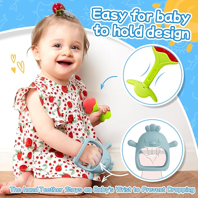 Baby Teething Toys(5 Pack) - Tinabless Infant Teething Keys&Silicone Teething Mitten for Babies Over 3 Months, BPA-Free, Natural Organic Freezer Safe for Infants and Toddlers(Blue)