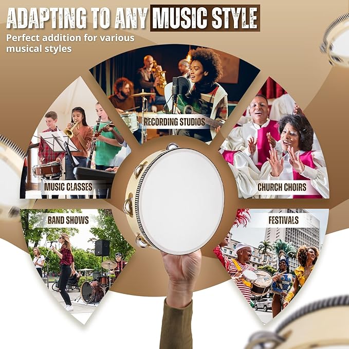 Flexzion Wooden Round Tambourine for Kids and Adults 10" Inch Single Row 8 Pair Jingles, Wood Handheld Percussion Instrument for Beginner and Professional Tambourine Player