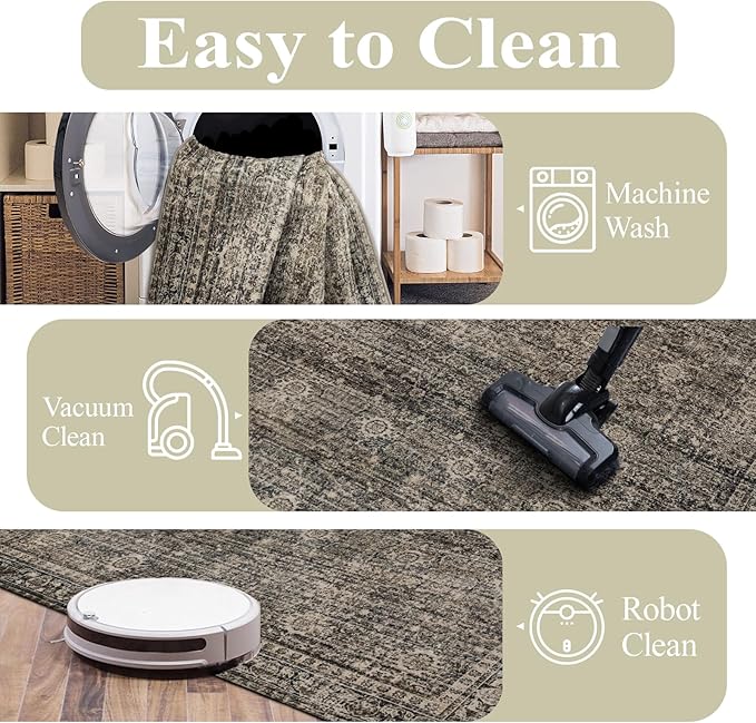 4x6 Washable Area Rug for Living Room, Carpet for Bedroom, Soft Faux Wool Retro Dining Room Rug, Non Slip&Non-Shedding Resistant Low Pile Vintage Print Rug for Home Office (Brown)