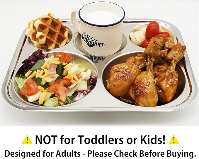 Korean Stainless Steel Divided Plates, Food Grade 304 Tray Large Size for Adults, Teens, Picky Eaters, Campers, BPA Free, Diet Portion Control, Serving Platter, Dinner Snack, Set of 2