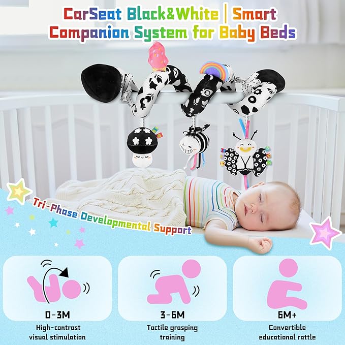 Spiral Car Seat Toys for Babies, 0-6 Months Stroller Pram Activity Hanging Toys High Contrast Black and White Sensory Toy, Newborn Soft Plush Travel Toy for Newborn Boys Girls Gift